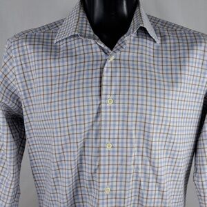 David Donahue blue & tan plaid casual preppy office button-up shirt